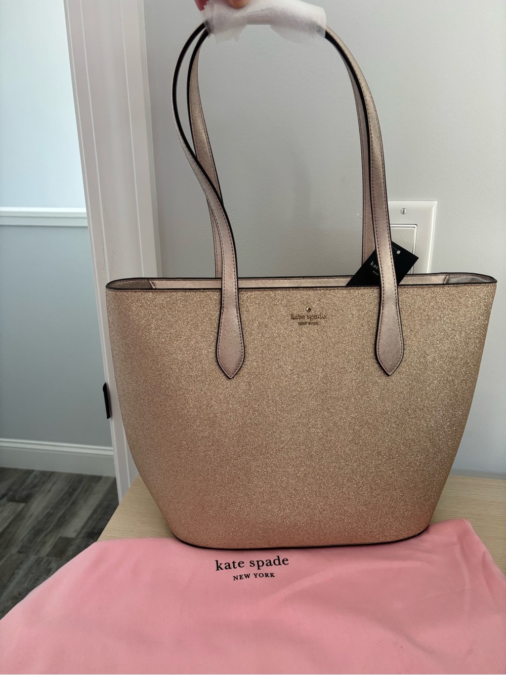 NWT Kate spade Metallic Rose Gold Glitter Zipper Tote handbag $429